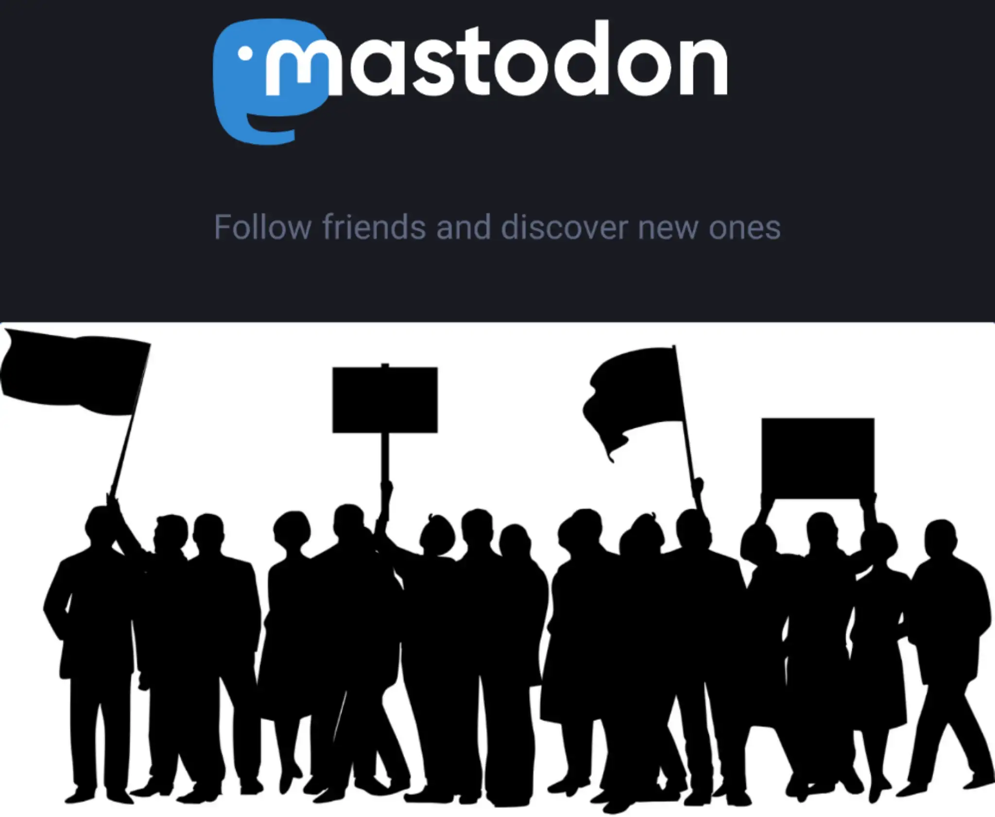 Mastodon logo, silouettes of people with flags and placards